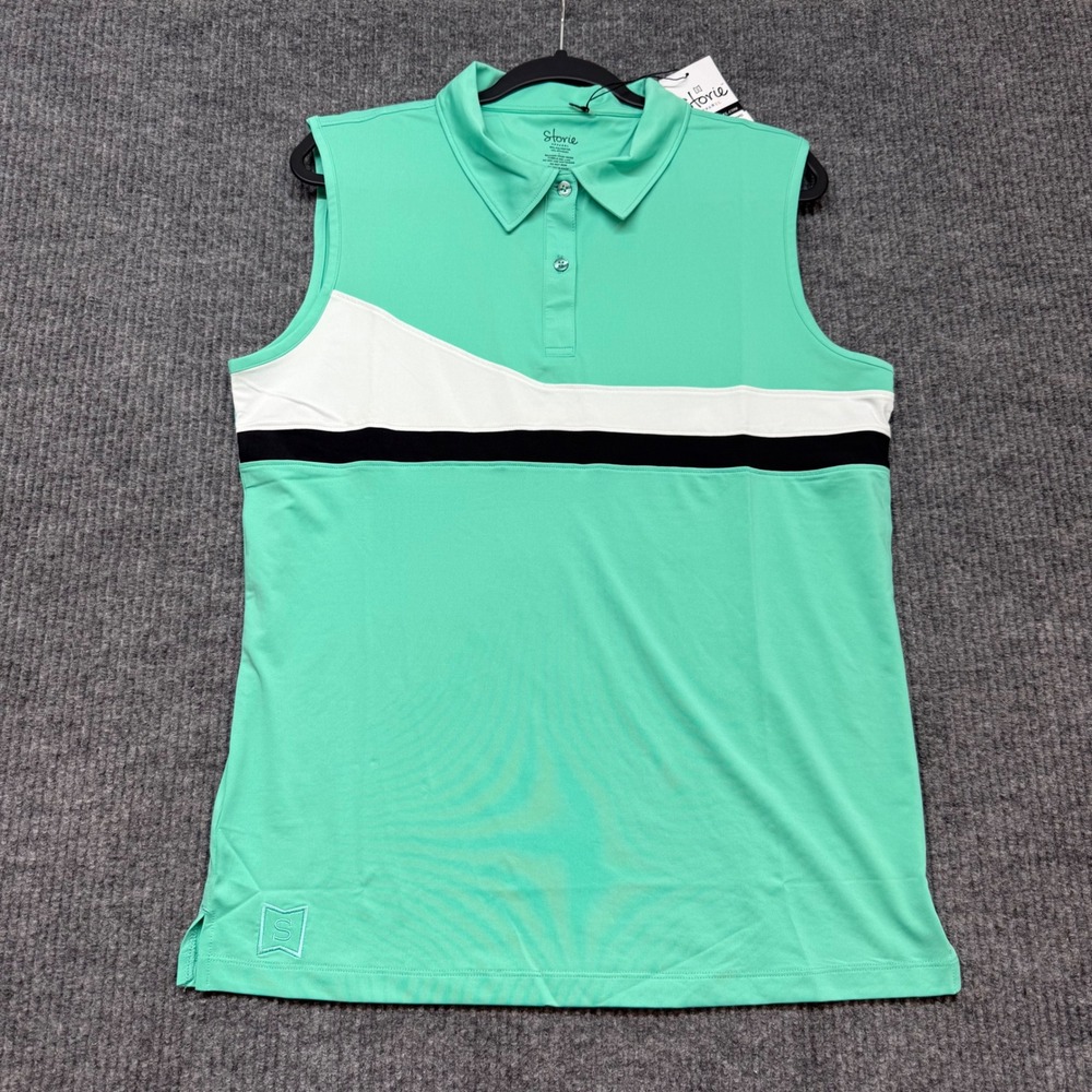 Storie Apparel Golf Polo Womens L Mint Green Sleeveless Striped Athleisure NEW